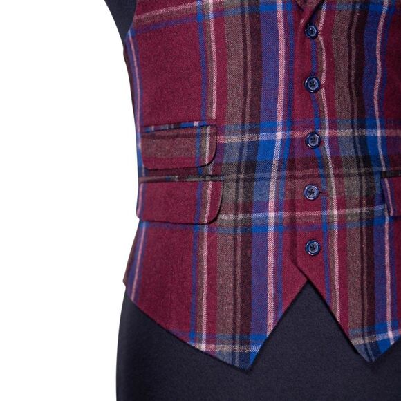 Mens Plaid Vest 40R Burgundy Blue Wool Waistcoat Boho Casual Preppy Wedding - Picture 7 of 10